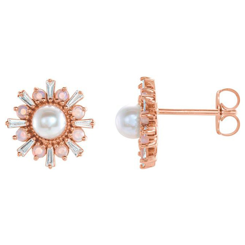 14k Rose Gold Cultured Akoya Pearl Natural White Opal Diamond Earrings