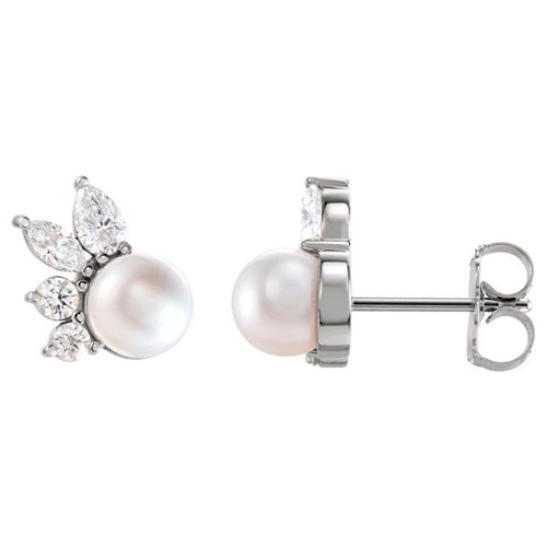 14k White Gold 5.5mm Cultured Akoya Pearl Diamond Earrings
