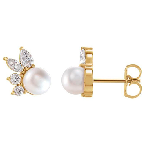 14k Yellow Gold 5.5mm Cultured Akoya Pearl Diamond Earrings