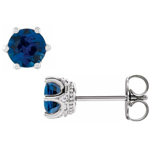 14k White Gold 5mm Lab-Created Blue Sapphire & Diamond Crown Earrings