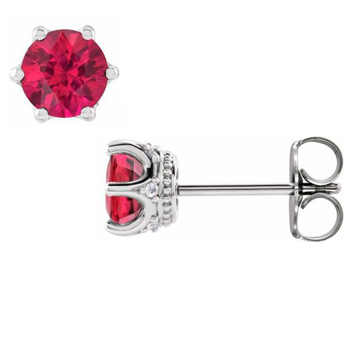14k White Gold 5mm Lab-Created Ruby & Diamond Crown Earrings
