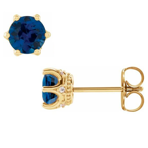 14k Yellow Gold 5mm Lab-Created Blue Sapphire & Diamond Crown Earrings