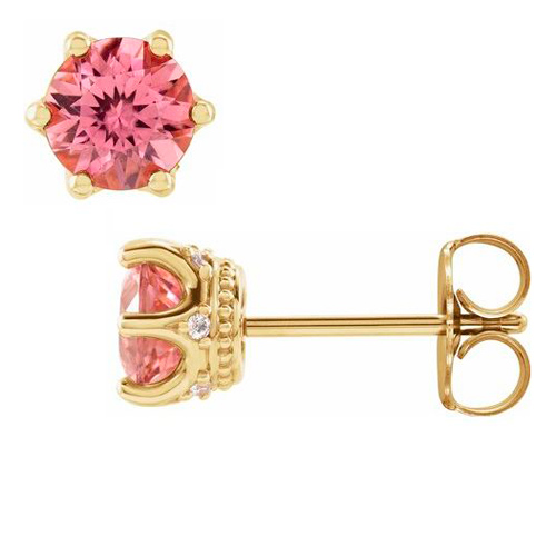 14k Yellow Gold 5mm Pink Tourmaline & Diamond Crown Earrings
