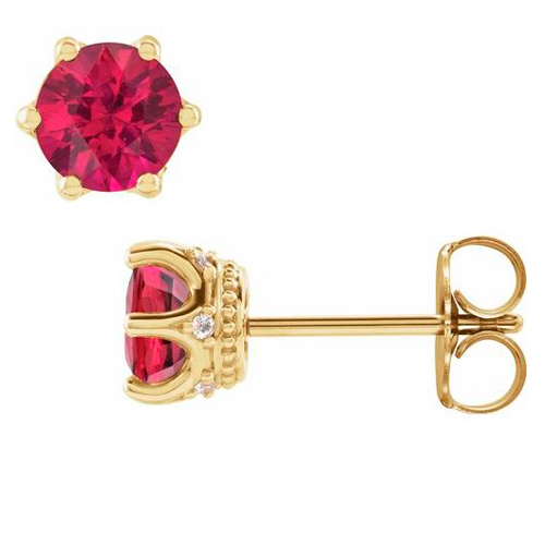 14k Yellow Gold 5mm Lab-Created Ruby & Diamond Crown Earrings