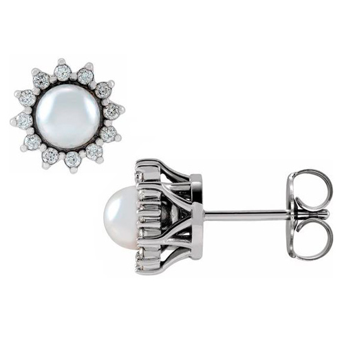 14k White Gold 4.5mm Akoya Cultured Pearl and Diamond Halo Earrings