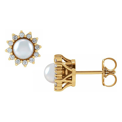 14k Yellow Gold 4.5mm Akoya Cultured Pearl and Diamond Halo Earrings