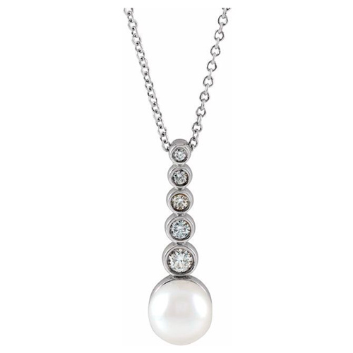 14k White Gold 6.5mm Cultured Akoya Pearl and Diamond Necklace
