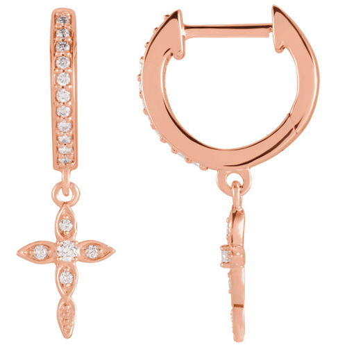14k Rose Gold 1/8 ct tw Diamond Cross Hinged Hoop Earrings