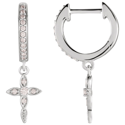 14k White Gold 1/8 ct tw Diamond Cross Hinged Hoop Earrings