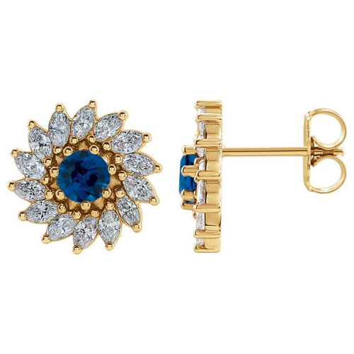14k Yellow Gold 1.3 ct Blue Sapphire and 1 3/8 ct tw Marquise-cut Diamond Halo Earrings
