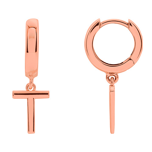 14k Rose Gold Mini Initial T Single Hoop Earring