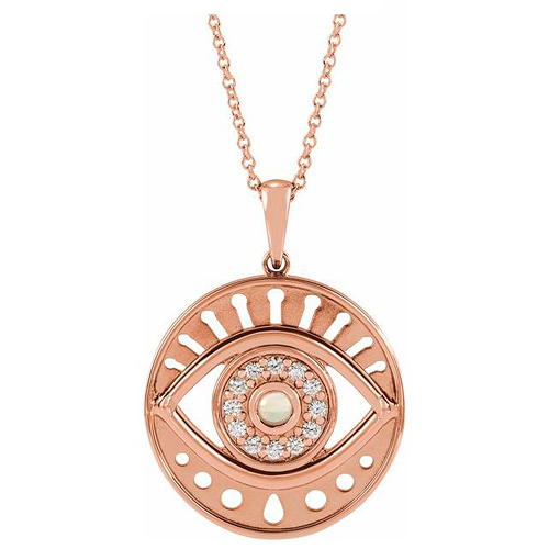 14k Rose Gold Ethiopian Opal & 1/5 ct tw Diamond Evil Eye Necklace