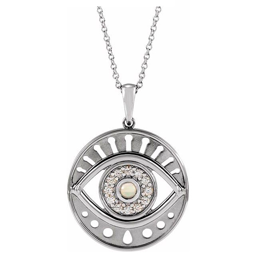 14k White Gold Ethiopian Opal & 1/5 ct tw Diamond Evil Eye Necklace