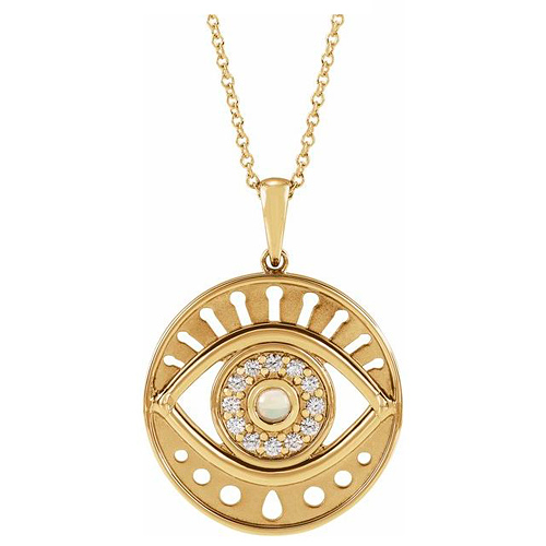 14k Yellow Gold Ethiopian Opal & 1/5 ct tw Diamond Evil Eye Necklace