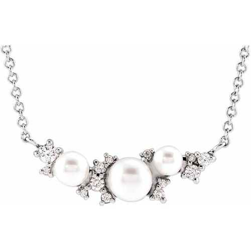 14k White Gold Akoya Cultured Pearl and Diamond Cluster Necklace