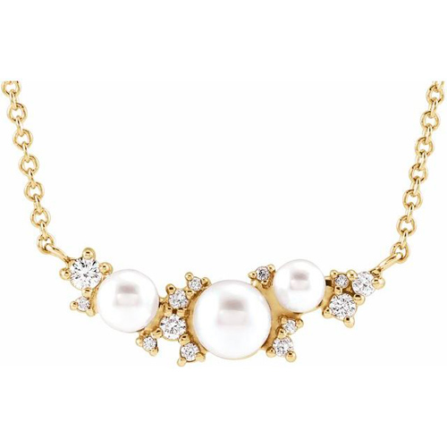 14k Yellow Gold Akoya Cultured Pearl and Diamond Cluster Necklace