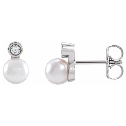 14k White Gold 5mm Akoya Cultured Pearl Bezel Earrings with Diamonds