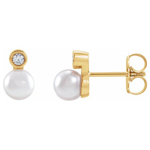14k Yellow Gold 5mm Akoya Cultured Pearl Bezel Earrings with Diamonds