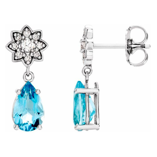 14k White Gold 1.5 ct Aquamarine and Diamond Cluster Earrings