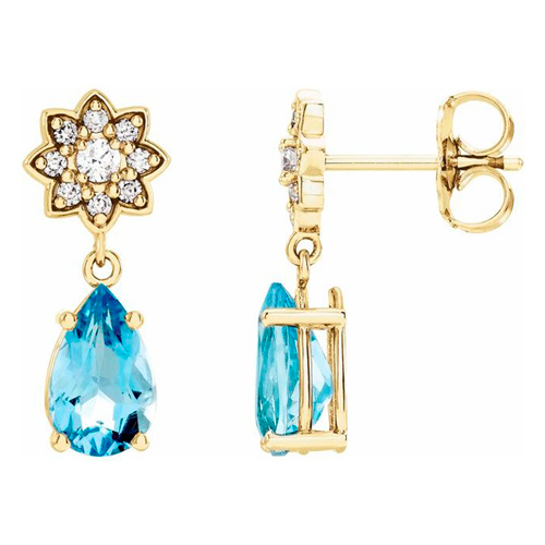 14k Yellow Gold 1.5 ct Aquamarine and Diamond Cluster Earrings