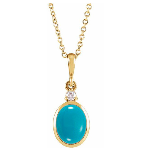 14k Yellow Gold Oval Turquoise Bezel Necklace with Diamond Accent