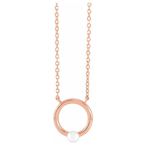 14k Rose Gold 3mm Cultured Seed Pearl Circle Necklace 18in
