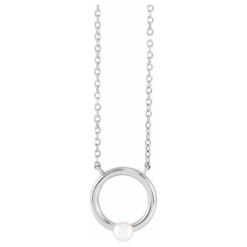 14k White Gold 3mm Cultured Seed Pearl Circle Necklace 18in