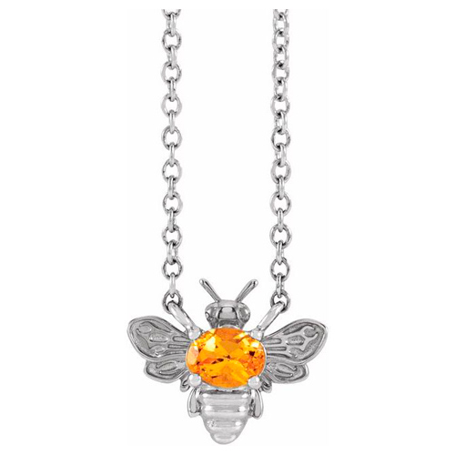 14k White Gold Orange Garnet Bee Necklace 18in