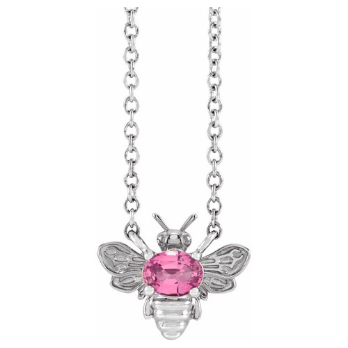 14k White Gold Pink Sapphire Bee Necklace 18in
