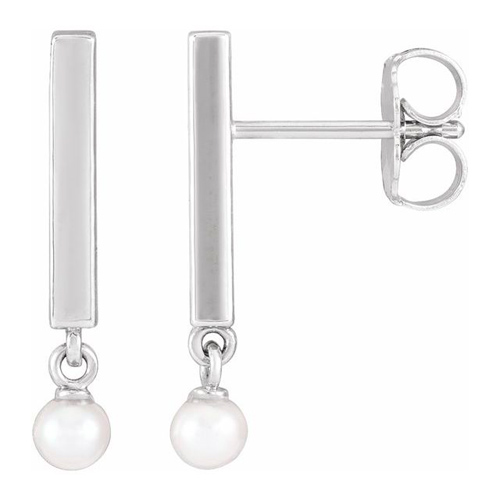 14k White Gold Cultured Seed Pearl Bar Earrings