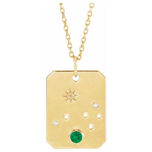 14k Yelllow Gold Aries Constellation Necklace With Emerald and Diamonds