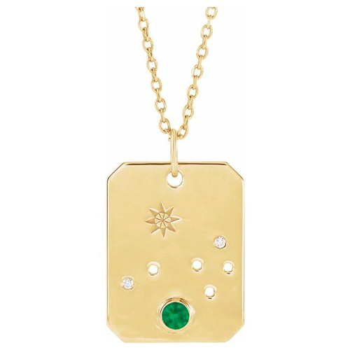 14k Yelllow Gold Aries Constellation Necklace With Emerald and Diamonds