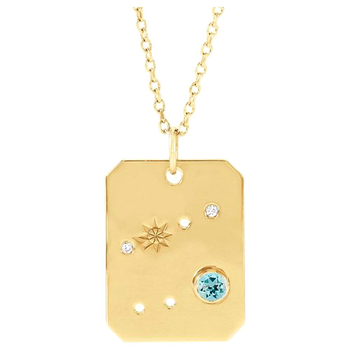 14k Yelllow Gold Cancer Constellation Necklace With Aquamarine and Diamonds