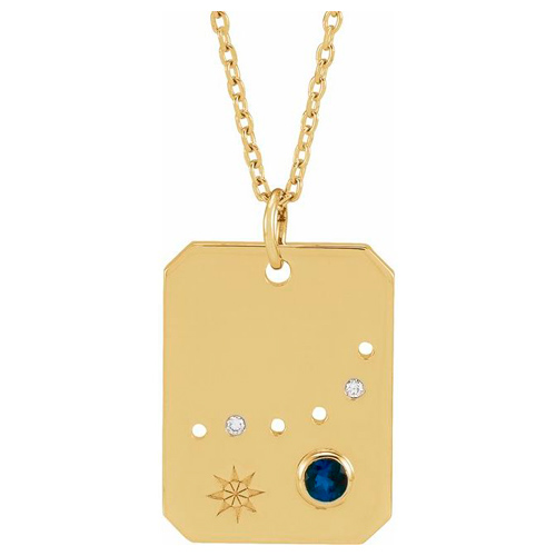 14k Yelllow Gold Capricorn Constellation Necklace With Blue Sapphire and Diamonds