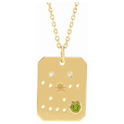 14k Yelllow Gold Gemini Constellation Necklace With Peridot and Diamonds