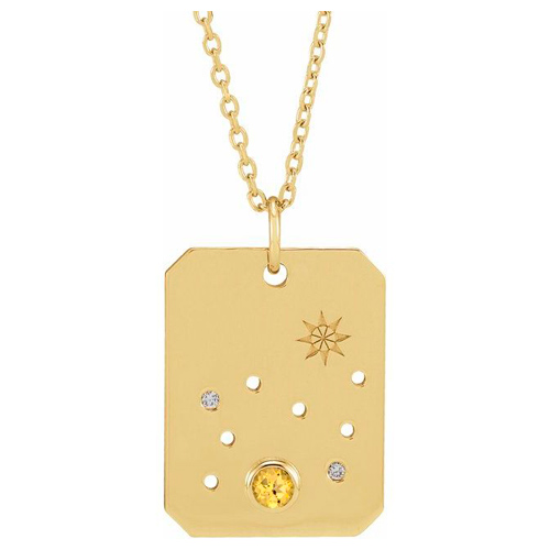 14k Yelllow Gold Leo Constellation Necklace With Citrine and Diamonds