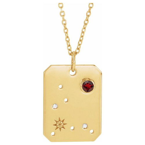 14k Yelllow Gold Pisces Constellation Necklace With Garnet and Diamonds