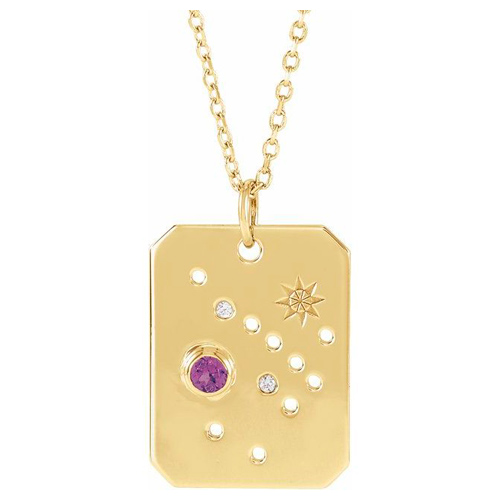 14k Yelllow Gold Sagittarius Constellation Necklace With Amethyst and Diamonds