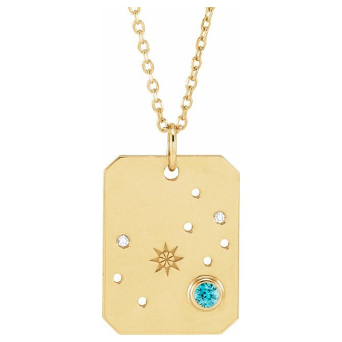 14k Yelllow Gold Scorpio Constellation Necklace With Bue Zircon and Diamonds