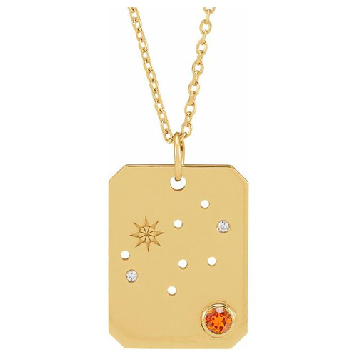 14k Yelllow Gold Virgo Constellation Necklace With Orange Garnet and Diamonds