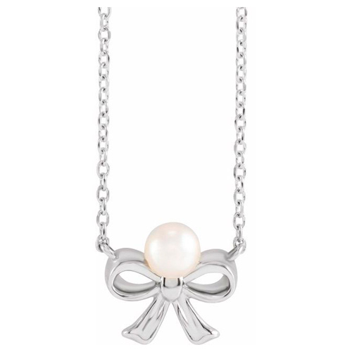 14k White Gold 4mm White Akoya Cultured Pearl Bow Necklace