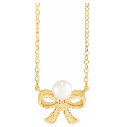 14k Yellow Gold 4mm White Akoya Cultured Pearl Bow Necklace
