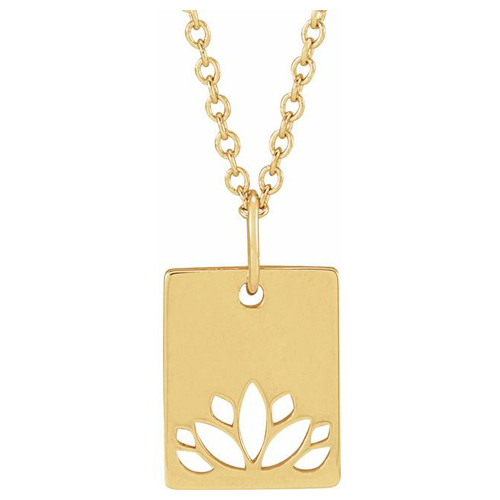 14k Yellow Gold Cut-out Lotus Dog Tag Necklace