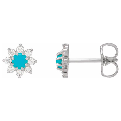 14k White Gold Turquoise and Diamond Flower Earrings