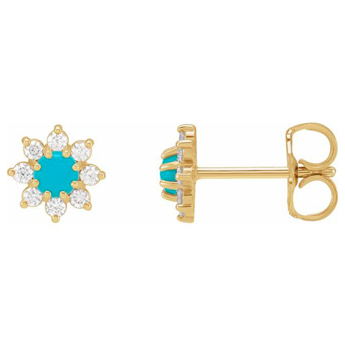 14k Yellow Gold Turquoise and Diamond Flower Earrings