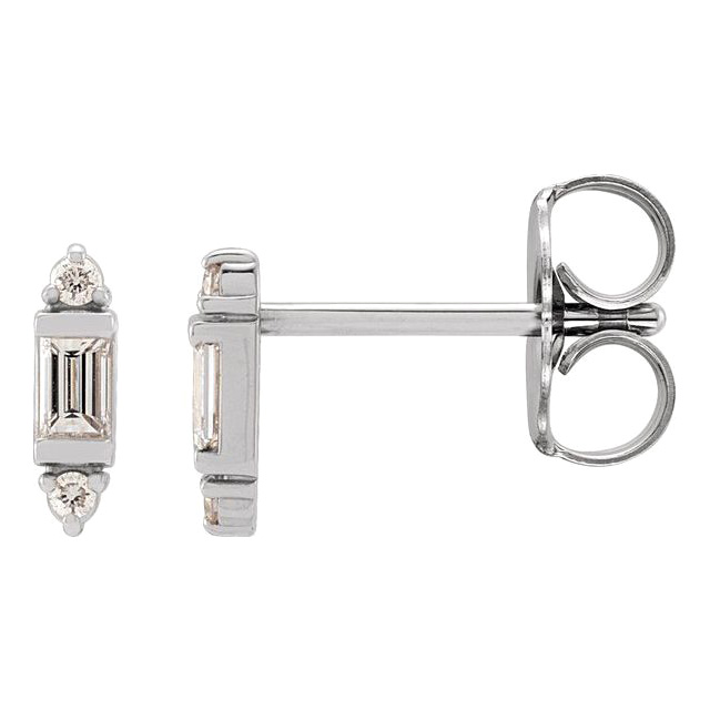 14k White Gold 0.1 ct tw Baguette and Round Diamond Post Earrings