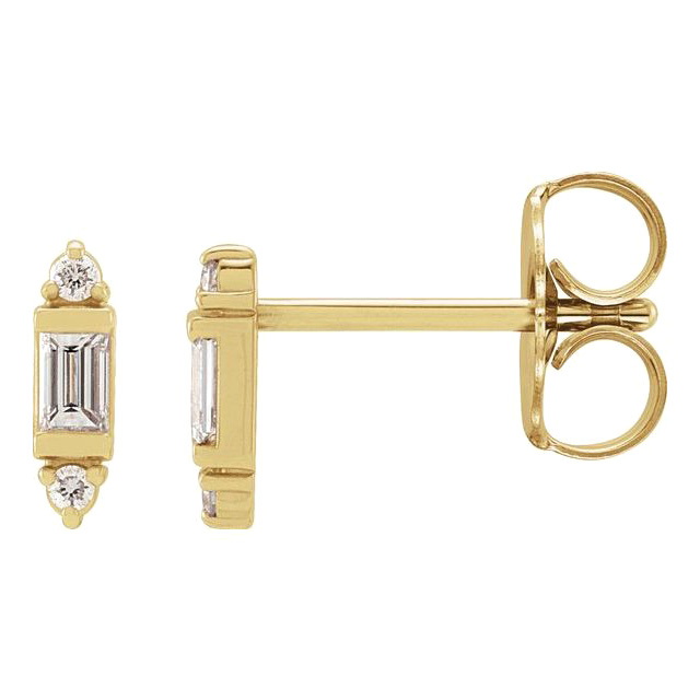 14k Yellow Gold 0.1 ct tw Baguette and Round Diamond Post Earrings