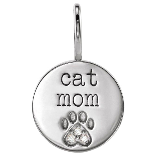 14k White Gold Cat Mom Paw Print Pendant With Diamond Accents