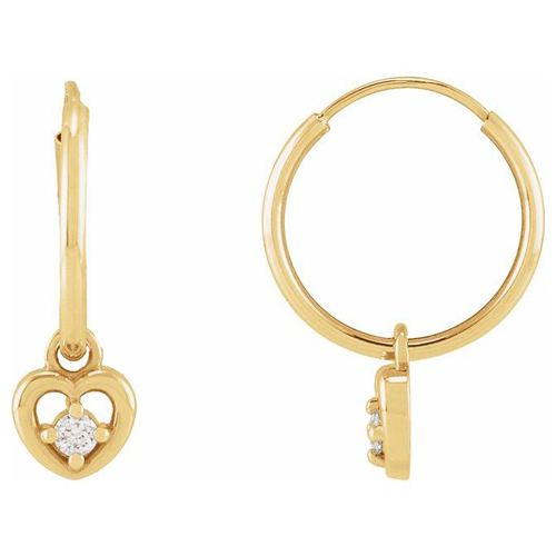 14k Yellow Gold .06 ct tw Diamond Heart Hoop Dangle Earrings