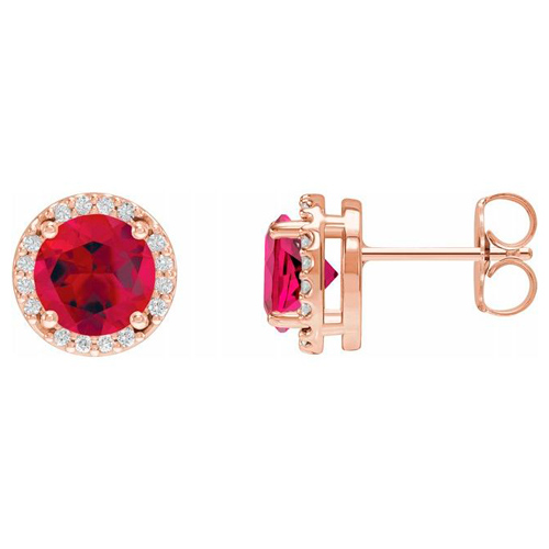 14k Rose Gold Lab-Grown Ruby and Natural Diamond Halo Earrings 